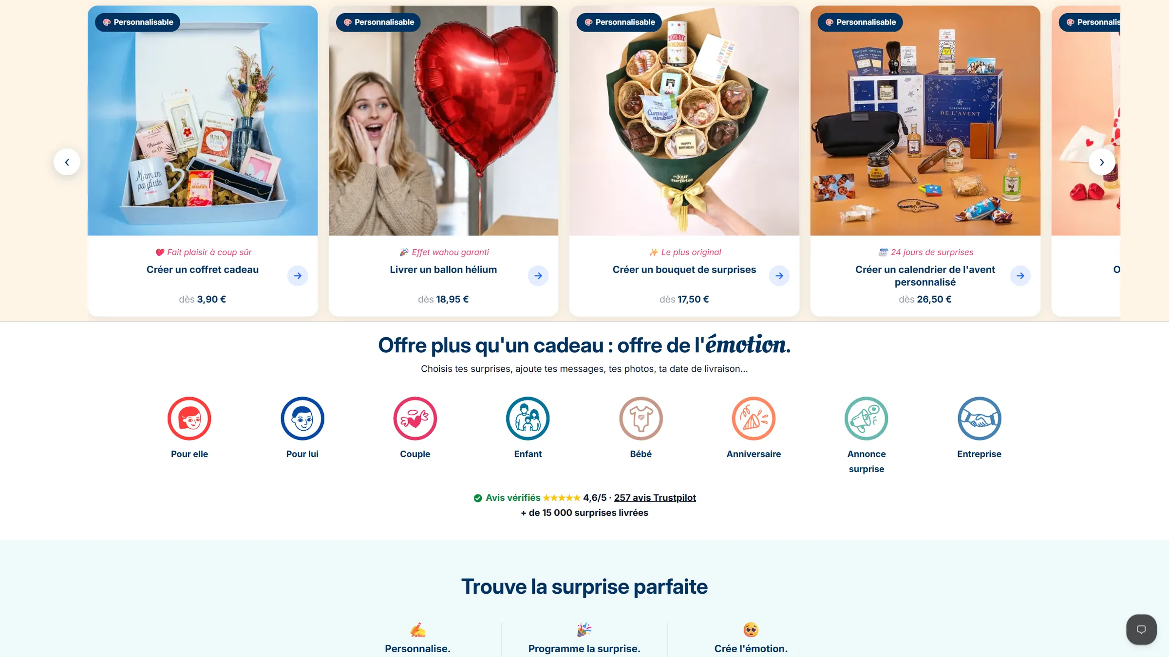 Page d’accueil de la boutique Un Jour Une Surprise